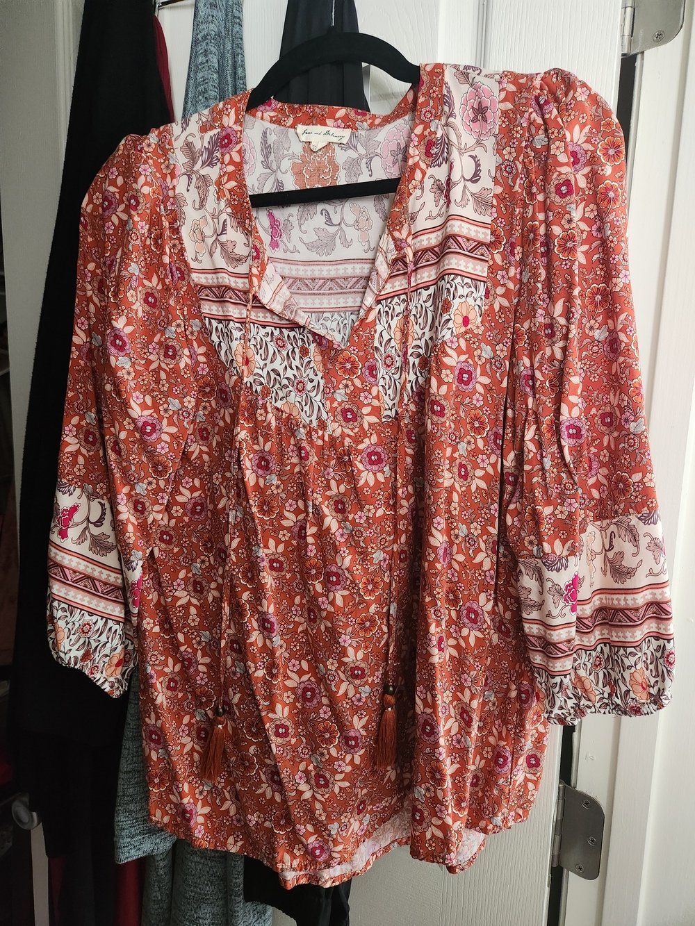 Jane and Delancey Rust Floral Boho Peasant Tunic with Tassel Ties